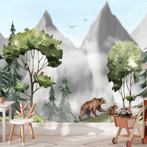 Woodland Bear Wallpaper, Forest Mountain Mural, Peel and Stick, Watercolor Nursery Decor, Kids Nature Wall Art