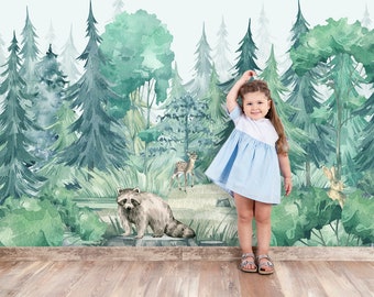 Outlander Woodland Animals Wallpaper Kids Room, Pine Forest Wallpaper Mural Nursery Removable, Watercolor Wallpaper Playroom Peel and Stick