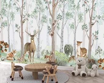 Enchanted Woodland Animal Wallpaper, Forest Mural with Deer, Fox, Bear, Nursery & Kids Room Decor, Peel and Stick Removable Wallpaper