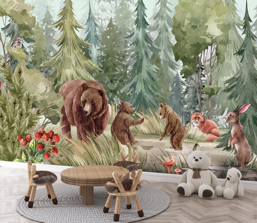 Woodland Animal Wall Mural, Forest Bear Nursery Decor, Watercolor Pine ...