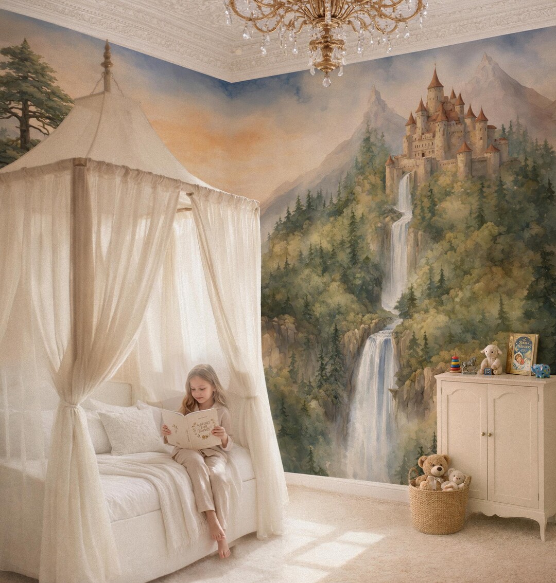 Nursery Castle Wall Mural, Forest Wallpaper Storybook Wall Decor, Girl ...