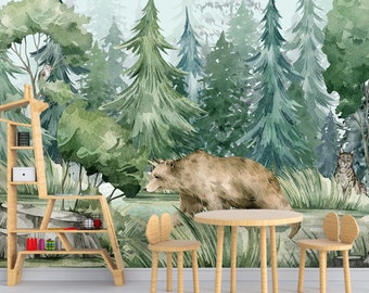 Woodland Animals Wallpaper Nursery, Forest Wall paper Kids Bedroom Removable, Watercolor Bear Wall Decor Mural Peel & Stick Adhesive Woven