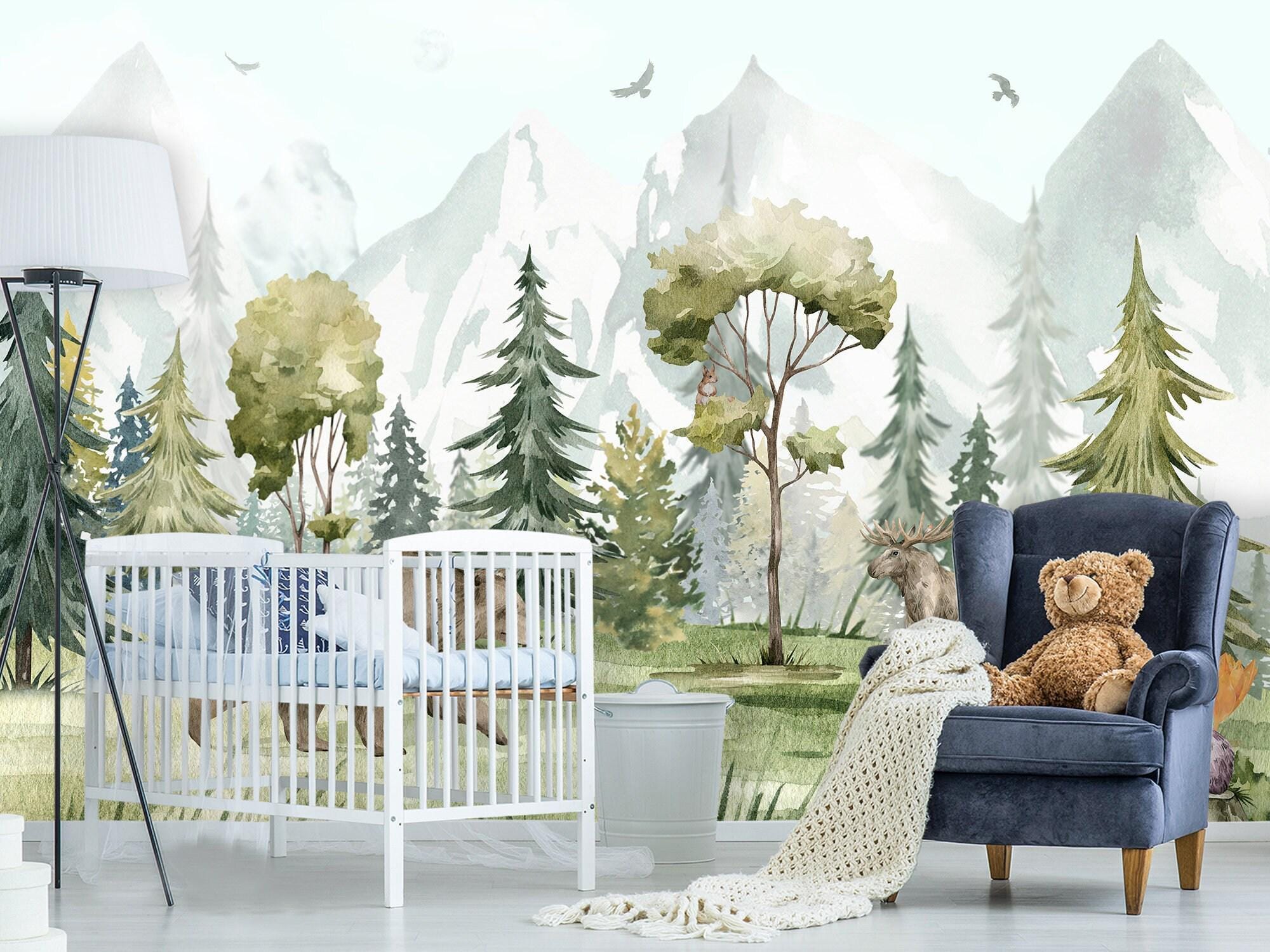 Pine Tree Forest Wallpaper for Kids Nursery Removable, Watercolor Bear ...