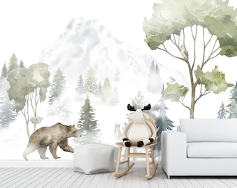 Woodland Animals Wallpaper Nursery Removable, Watercolor Forest Landscape Wallpaper Mural Adhesive, Bear Wallpaper Peel and Stick Non-Woven