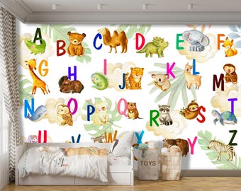 Animal Alphabet Wall Mural, Watercolor Nursery ABCs, Educational Kids Room Decor, Safari Jungle Animals, Peel and Stick Removable