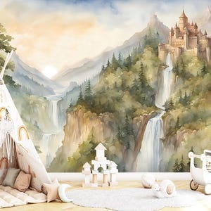 Magic Forest Wallpaper Toddler Girl Boy Nursery Removable, Princess Сastle Wall Paper Mural Kids PlayRoom, Watercolor Mountain Wallpaper
