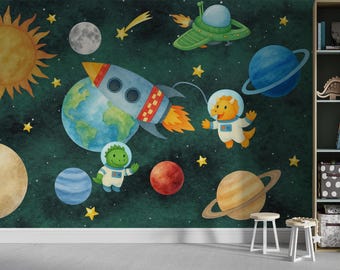 Dinosaur Space Wall Mural, Watercolor Dino Astronaut Rocket Ship Wallpaper, Peel and Stick Outer Space Decor Kids Room