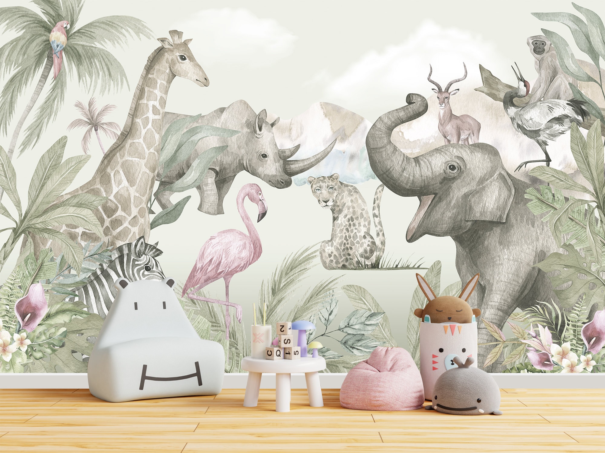 Jungle Animals Wallpaper Kids Nursery Removable African - Etsy