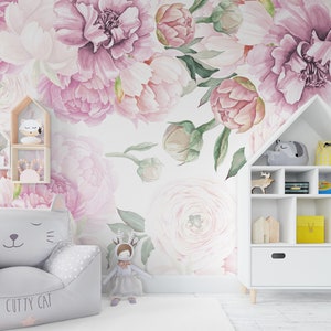 Large Peony Wallpaper for Toddler Girl Nursery | Peony Wall Mural Girl Bedroom | Floral Wallpaper Peel & Stick | Removable Floral Wall Mural