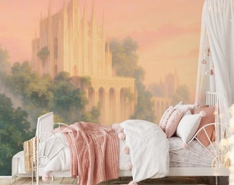 Fairytale Castle Wall Mural, Dreamy Nursery Wallpaper, Magical Wall Decor, Pastel Princess Castle Wall Mural, Fantasy Castle Mural