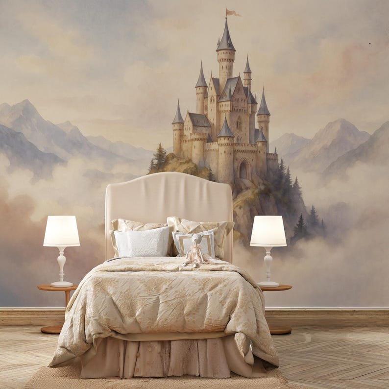 Watercolor Castle Wall Mural, Mountain Kingdom Wallpaper, Removable ...