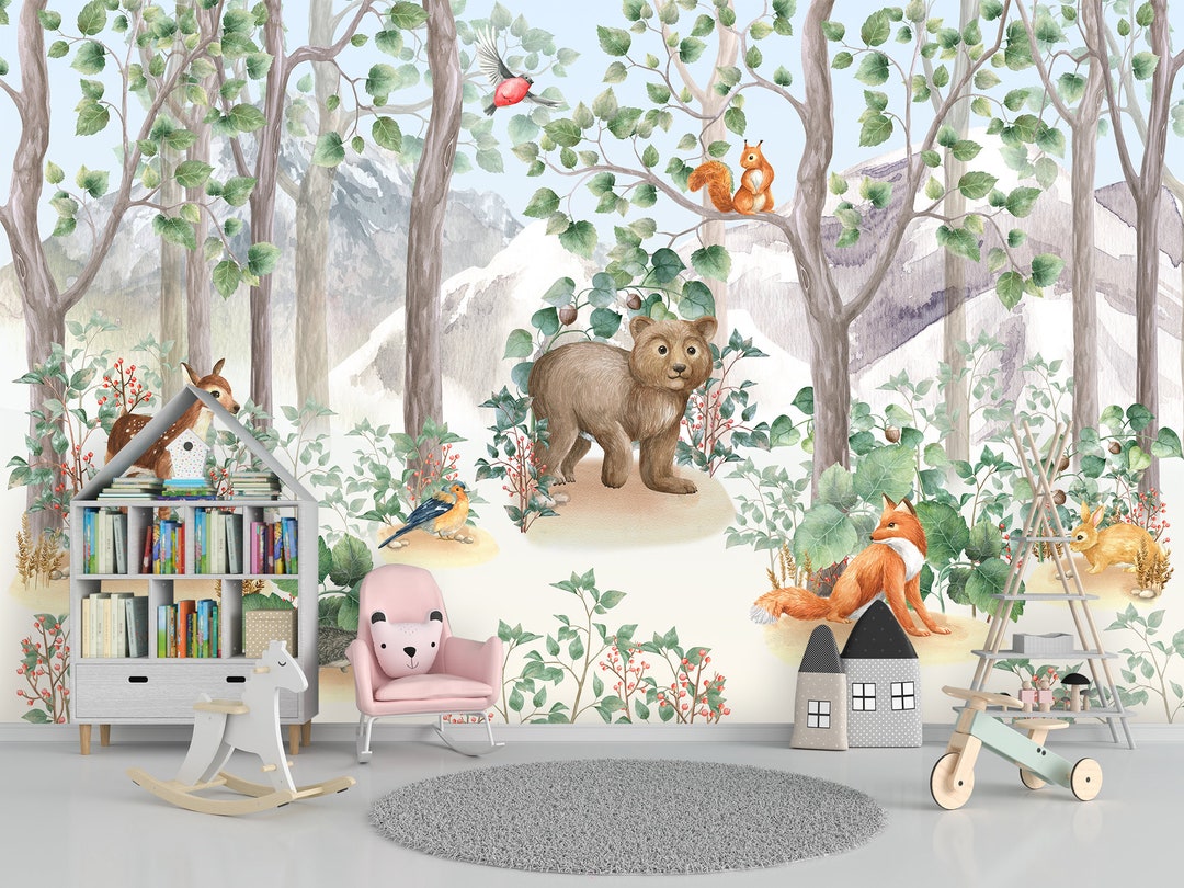 Woodland Animals Wallpaper Mural Bedroom, Forest Wallpaper Nursery ...