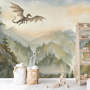 Dragon Nursery Wall Mural, Watercolor Fantasy Landscape Wallpaper, Kids Mountain Forest Wall Decal, Large Scale Peel and Stick Wall Decor image 2