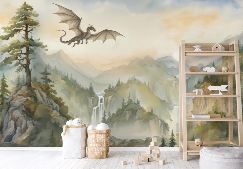 Dragon Nursery Wall Mural, Watercolor Fantasy Landscape Wallpaper, Kids Mountain Forest Wall Decal, Large Scale Peel and Stick Wall Decor image 2