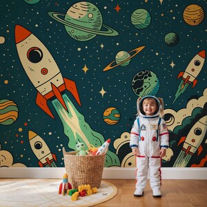 Retro Space Rocket Wallpaper Mural - Vintage Mid-Century Modern Planets - Kids Room Peel and Stick - Astronaut Nursery Decor