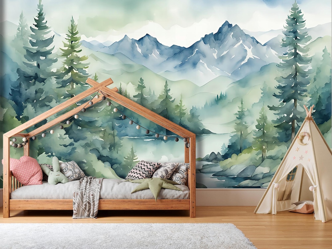 Watercolor Forest Wallpaper Peel and Stick Kids Room, Blue Ombre ...