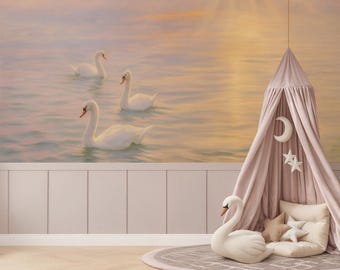 Swan Wallpaper Mural Girls Nursery, Peel and Stick Removable Wall Decor, Magical Swan Lake Sunset Wall Art for Kids Room