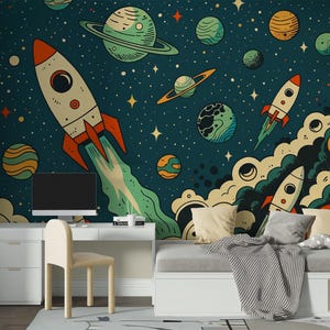 Retro Space Wall Mural Rockets Planets, Vintage Peel and Stick Wallpaper, Rocket Ship  Space Decor, Kids Room Nursery Wall Mural