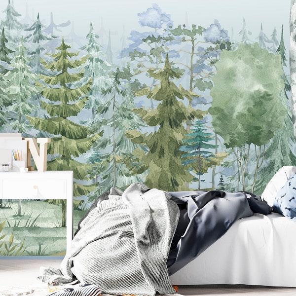 Foggy Forest Wallpaper Peel and Stick Kids Room, Outlander Landscape Mural Nursery, Tree Wallpaper Baby Boy Room Woodland Playroom Wallpaper