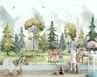 Woodland Animals Wallpaper Nursery Removable, Watercolor Forest Wall Mural Adhesive, Deer Family Wallpaper Peel & Stick Non-Woven