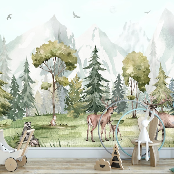 Woodland Animals Wallpaper Nursery Removable, Watercolor Forest Wall Mural Adhesive, Deer Family Wallpaper Peel & Stick Non-Woven