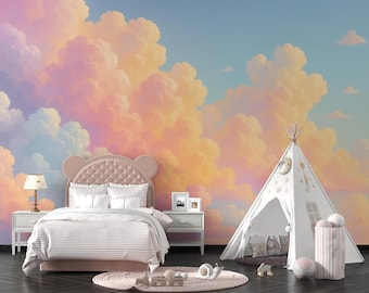 Pastel Cloud Wall Mural, Dreamy Sunset Sky Wallpaper, Kids Room Wall Decor, Watercolor Peel and Stick, Removable Wallpaper