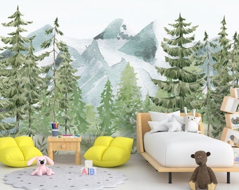 Forest Peel and Stick Wallpaper Bedroom Landscape Wallpaper Mural Nursery Mountain Wall paper Kids Room Woven Playroom Neutral Wall Art