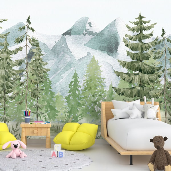 Forest Peel and Stick Wallpaper Bedroom Landscape Wallpaper Mural Nursery Mountain Wall paper Kids Room Woven Playroom Neutral Wall Art