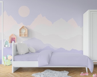 Ombre Mountain Nursery Wallpaper Peel and Stick Mural Wallpaper Landscape Adhesive Wall Decor Lavender Bedroom Decor Adhesive Non-Woven Roll