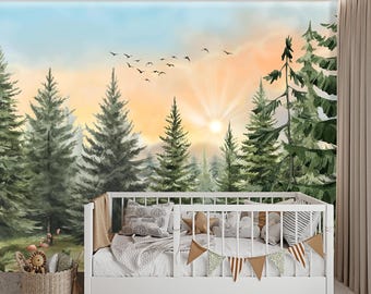 Forest Sunset Wallpaper, Watercolor Pine Tree Mural, Peel and Stick, Warm Nursery Decor, Nature Wall Art, Removable Kids Room Wallpaper