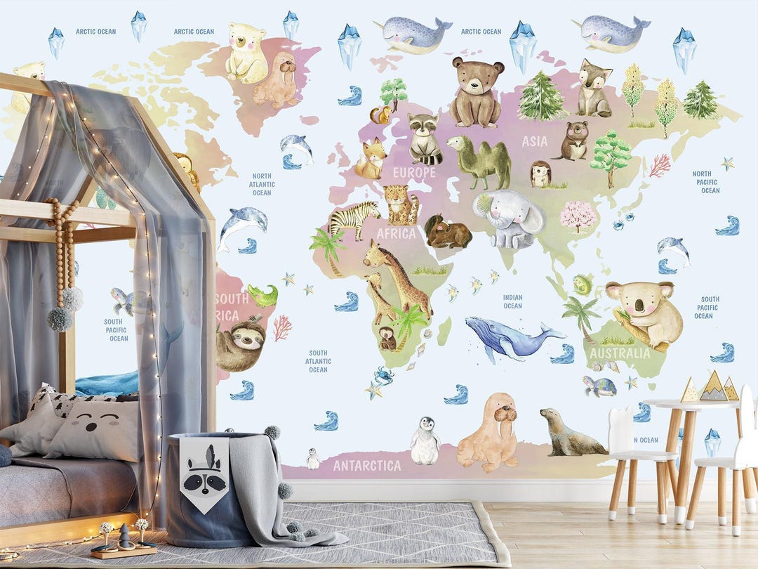 Wattercolor Animals Wallpaper for Kids Room Removable, World Map Wall ...