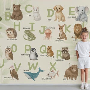 A-Z Animal Alphabet Wall Mural, Watercolor Nursery Educational Wallpaper, Cute Kids Room Decor, Peel and Stick Custom Print