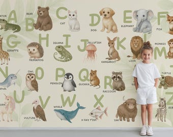 A-Z Animal Alphabet Wall Mural, Watercolor Nursery Educational Wallpaper, Cute Kids Room Decor, Peel and Stick Custom Print