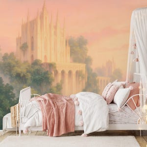 Fairytale Castle Wall Mural, Dreamy Nursery Wallpaper, Magical Wall Decor, Pastel Princess Castle Wall Mural, Fantasy Castle Mural