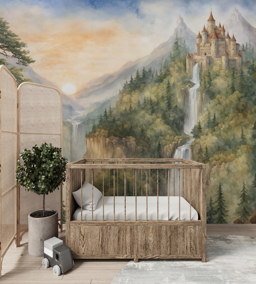 Watercolor Fantasy Castle Wall Mural, Fairytale Mountain Landscape ...