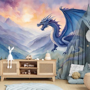 Magic Dragon Wallpaper Kids Room Removable, Fairy Tales Forest Wall Paper Mural Nursery, Blue Ombre  Mountain Wall paper Eco-Friendly Decor