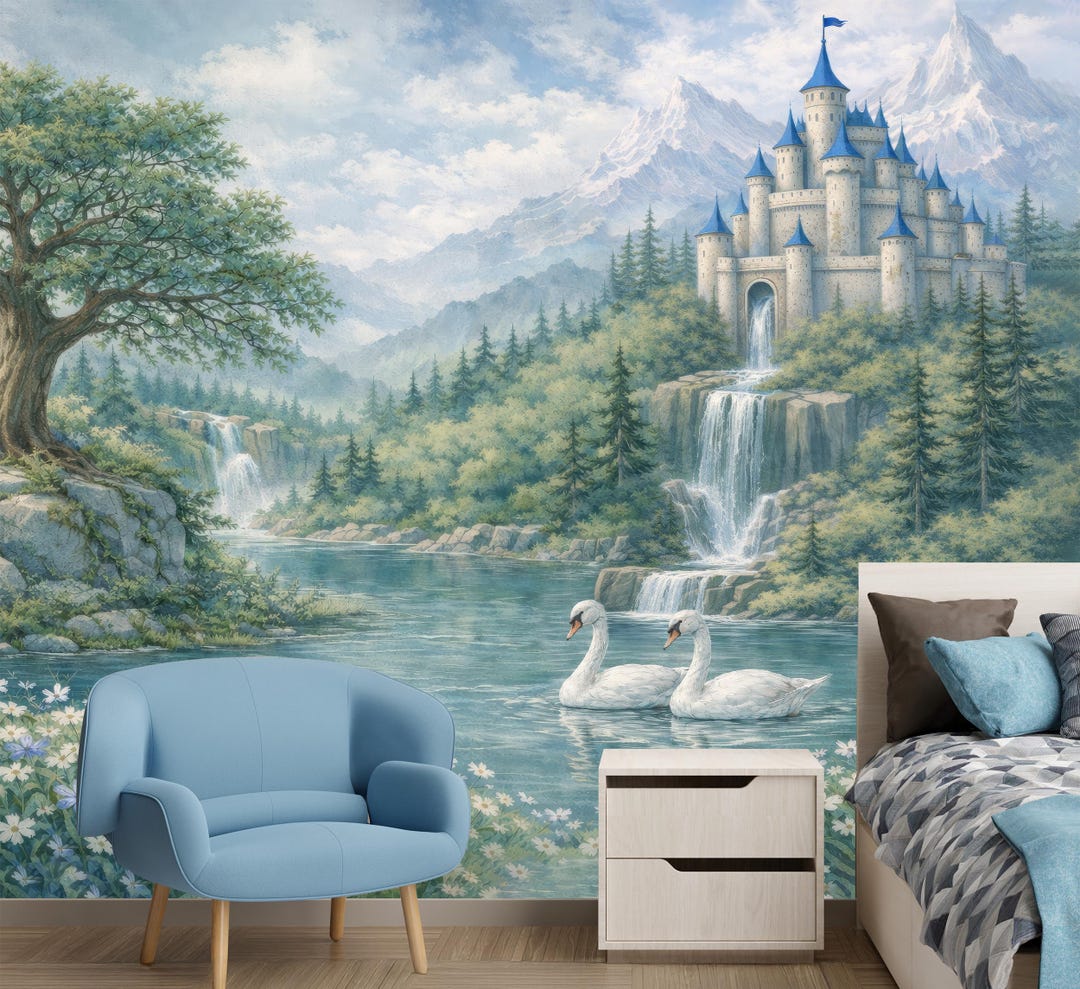Fairytale Castle Mural for Kids Room, Enchanted Forest Wallpaper With ...