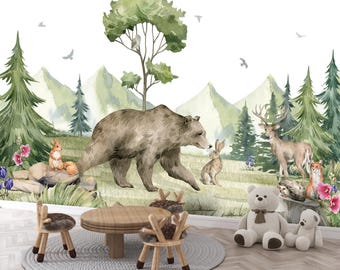 Woodland Animals Wall Mural, Watercolor Forest Bear & Deer, Peel and Stick Wallpaper, Nursery Kids Room Decor, Pine Tree Wall Art