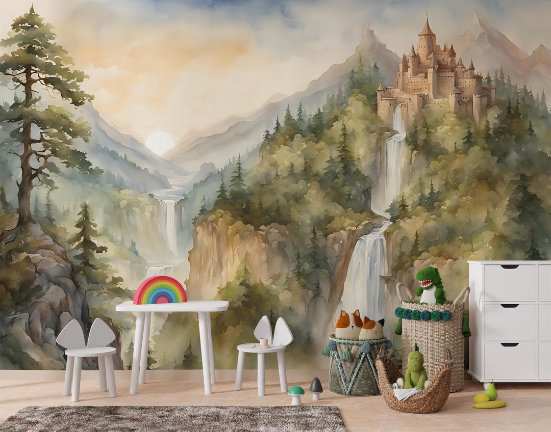Watercolor Castle Wall Mural, Enchanted Forest Nursery Wallpaper Peel ...