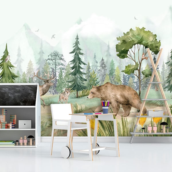 Woodland Animals Nursery Wallpaper Neutral, Forest Wall paper Kids Bedroom Removable, Watercolor Bear Dear Mural Peel & Stick Adhesive Woven