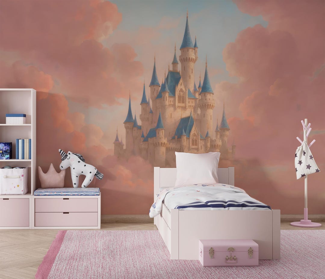 Fairytale Castle Wall Mural, Princess Room Decor, Pink Clouds Wallpaper ...