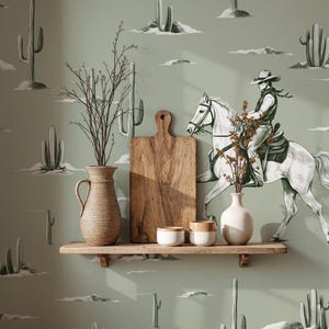 Removable western wallpaper, cactus living room pattern wall covering paper, cowboy kitchen wild west southwestern hand drawn decor