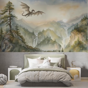Dragon Nursery Wall Mural, Watercolor Fantasy Landscape Wallpaper, Kids Mountain Forest Wall Decal, Large Scale Peel and Stick Wall Decor image 4