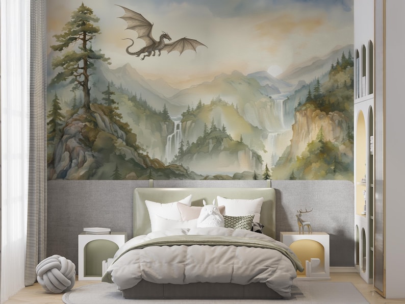 Dragon Nursery Wall Mural, Watercolor Fantasy Landscape Wallpaper, Kids Mountain Forest Wall Decal, Large Scale Peel and Stick Wall Decor image 4