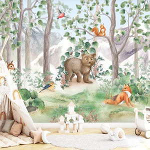 Mountain Wallpaper Removable Toddler Nursery, Bear, Deer Mural, Woodland Nursery Wallpaper  Peel & Stick, Trees Wallpaper  Non-Woven Bedroom