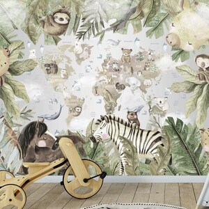 Watercolor Animals World Map Wallpaper for Toddler Nursery Removable, Pastel Map Wall Mural Adhesive, Tropical Animals Wallpaper
