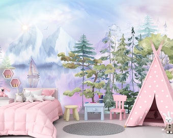 Mountain Wallpaper Peel and Stick Girl Bedroom Landscape Wallpaper Mural Nursery Adhesive Tree Wall Decor Playroom Wallpaper Non-Woven Roll