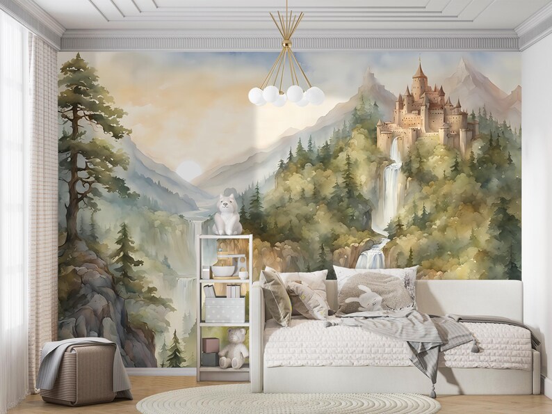 Fairytale Castle Wall Mural, Watercolor Mountain Waterfall, Princess ...