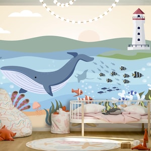 Ocean Whale Wallpaper, Underwater Sea Animals Mural Lighthouse, Peel and Stick for Nursery, Kids Room Wall Mural Decor