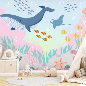 Ocean Wallpaper Peel and Stick Nursery, Pink Blue Underwater Wallpaper Mural Baby Girl Room, Marine Wallpaper Playroom Removable Aquarium